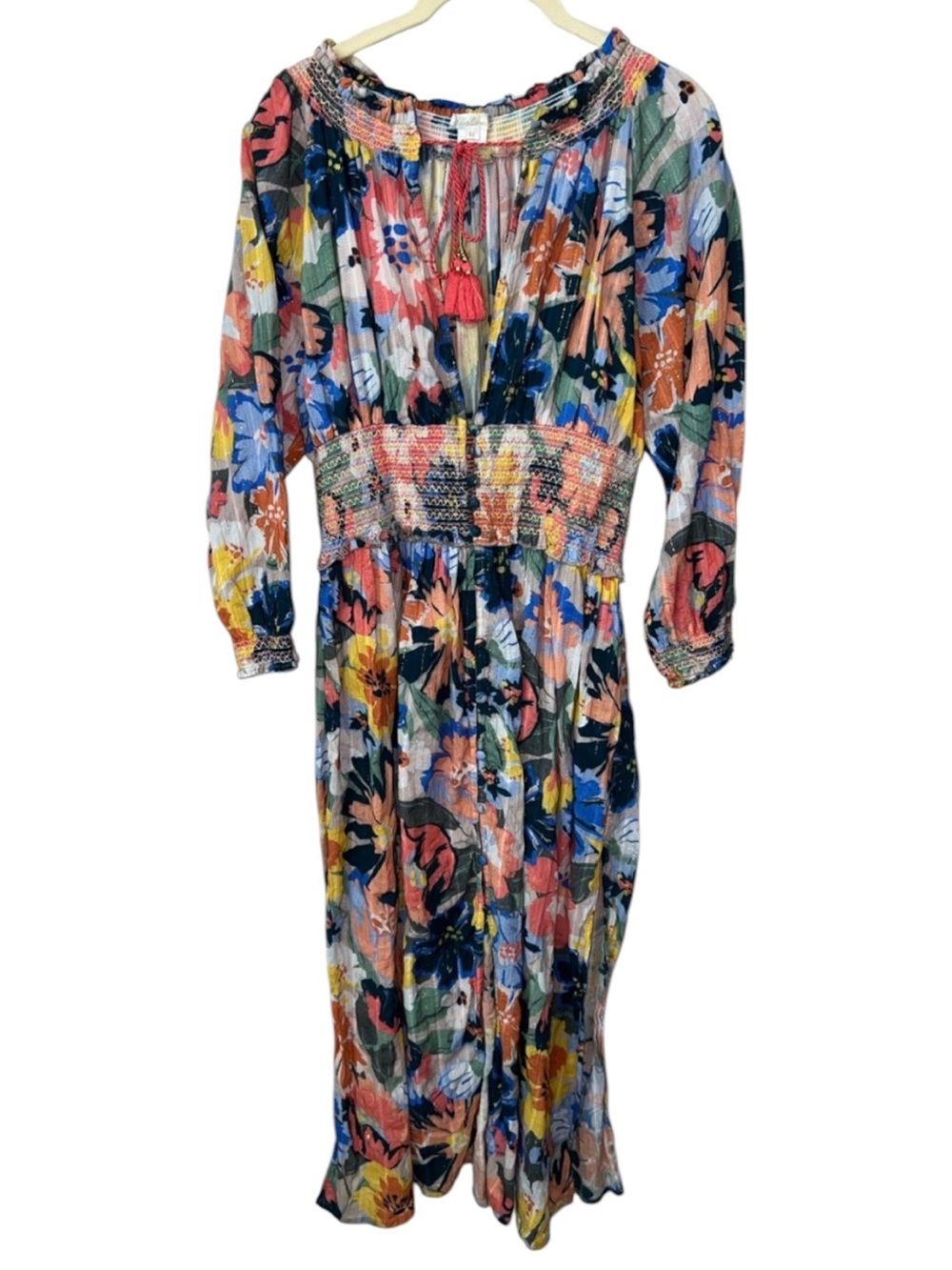 Shoshanna Floral Midi Dress Boho Romantic Smocked Waist Long Sleeve Size M